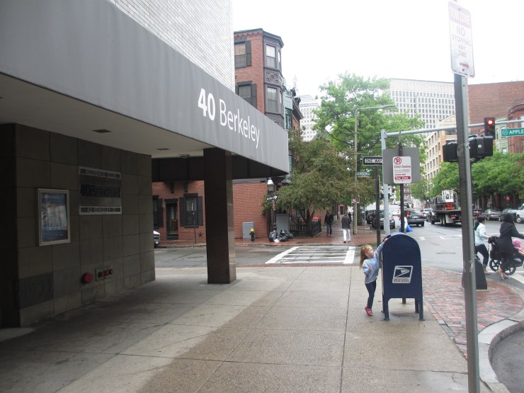 Faye posting her postcards outside 40 Berkeley Hostel